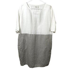 Magic Linen Women's Adria Color Block Linen 3/4 Sleeve Dress Size M White Gray